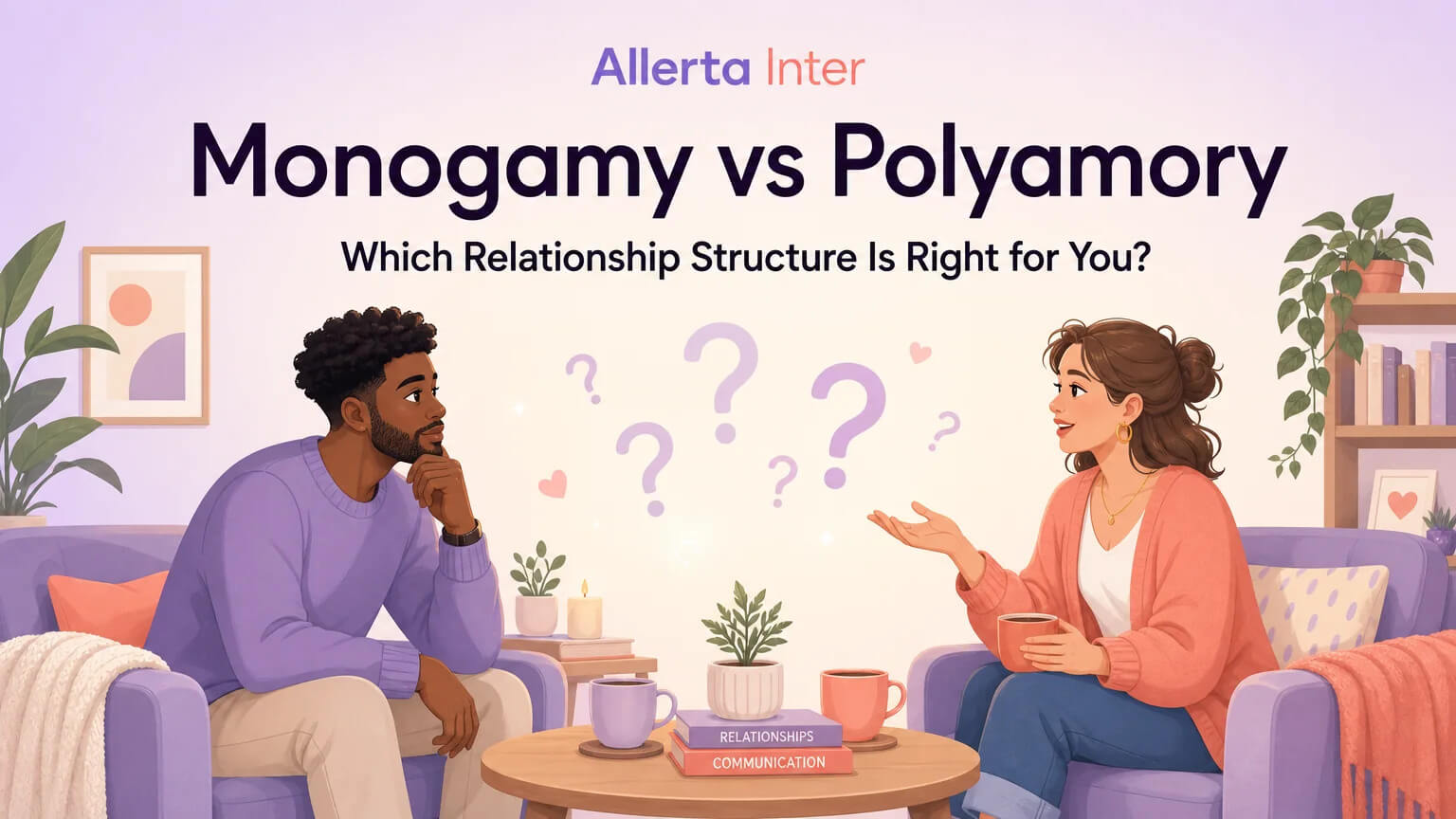 Monogamy vs Polyamory article cover — two people in a cozy living room, one thoughtful and one curious, with soft question marks between them