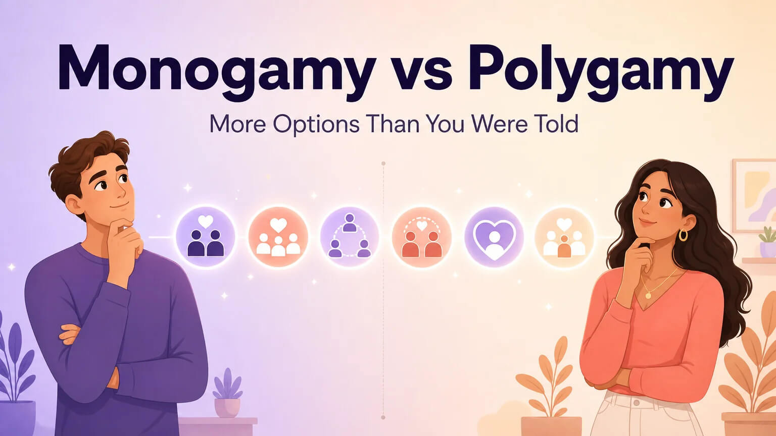 Cover image for Monogamy vs Polygamy article showing a couple standing on either side of a dividing line looking at relationship options