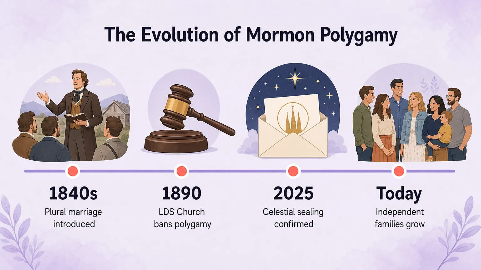 Timeline: Mormon polygamy evolution from 1840s plural marriage to 1890 ban to 2025 celestial sealing to today's independent families