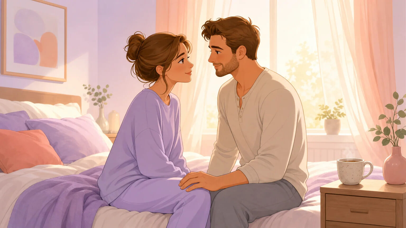 A couple sitting on the edge of a bed in soft morning light, reconnecting after an experience — tender, grounded, warm illustration