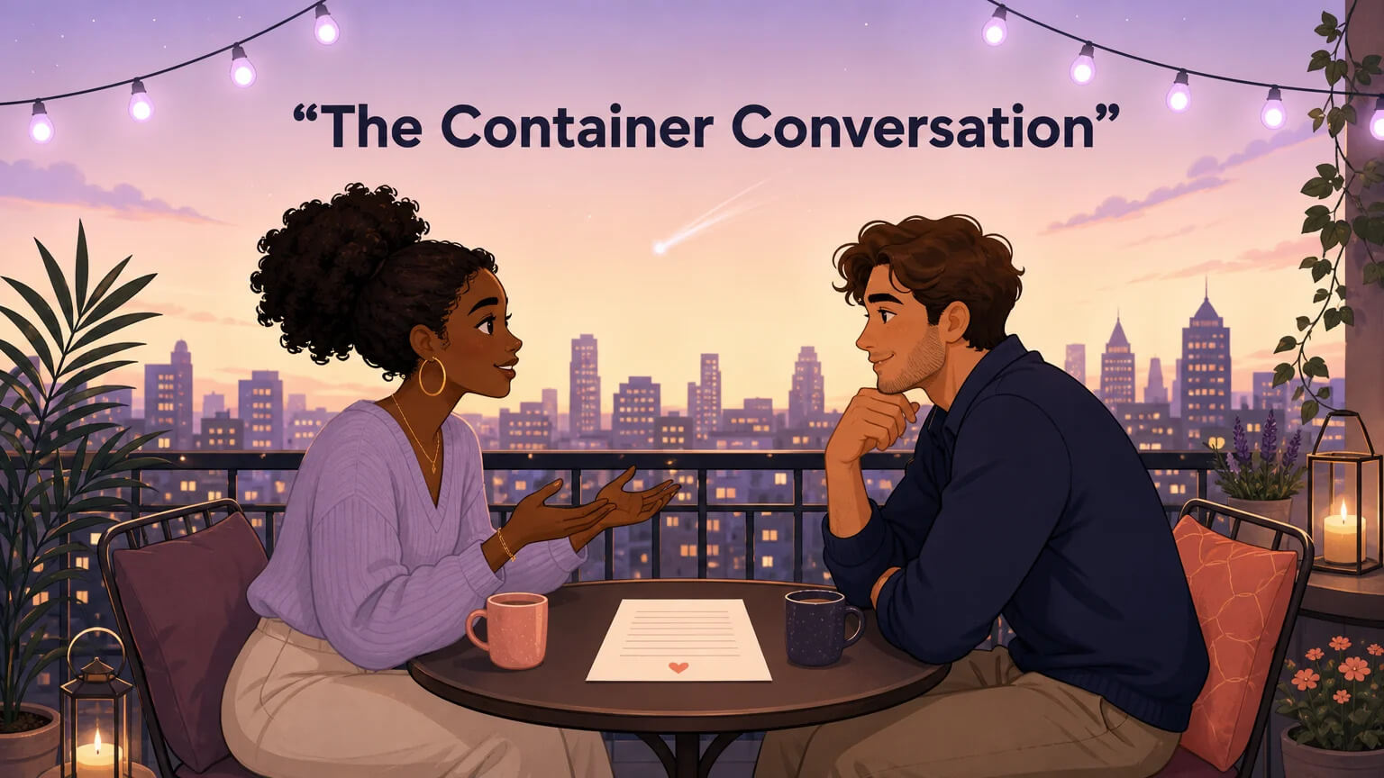 Two people having an intimate conversation on a balcony at dusk — negotiating their comet connection with clarity, trust, and mutual respect