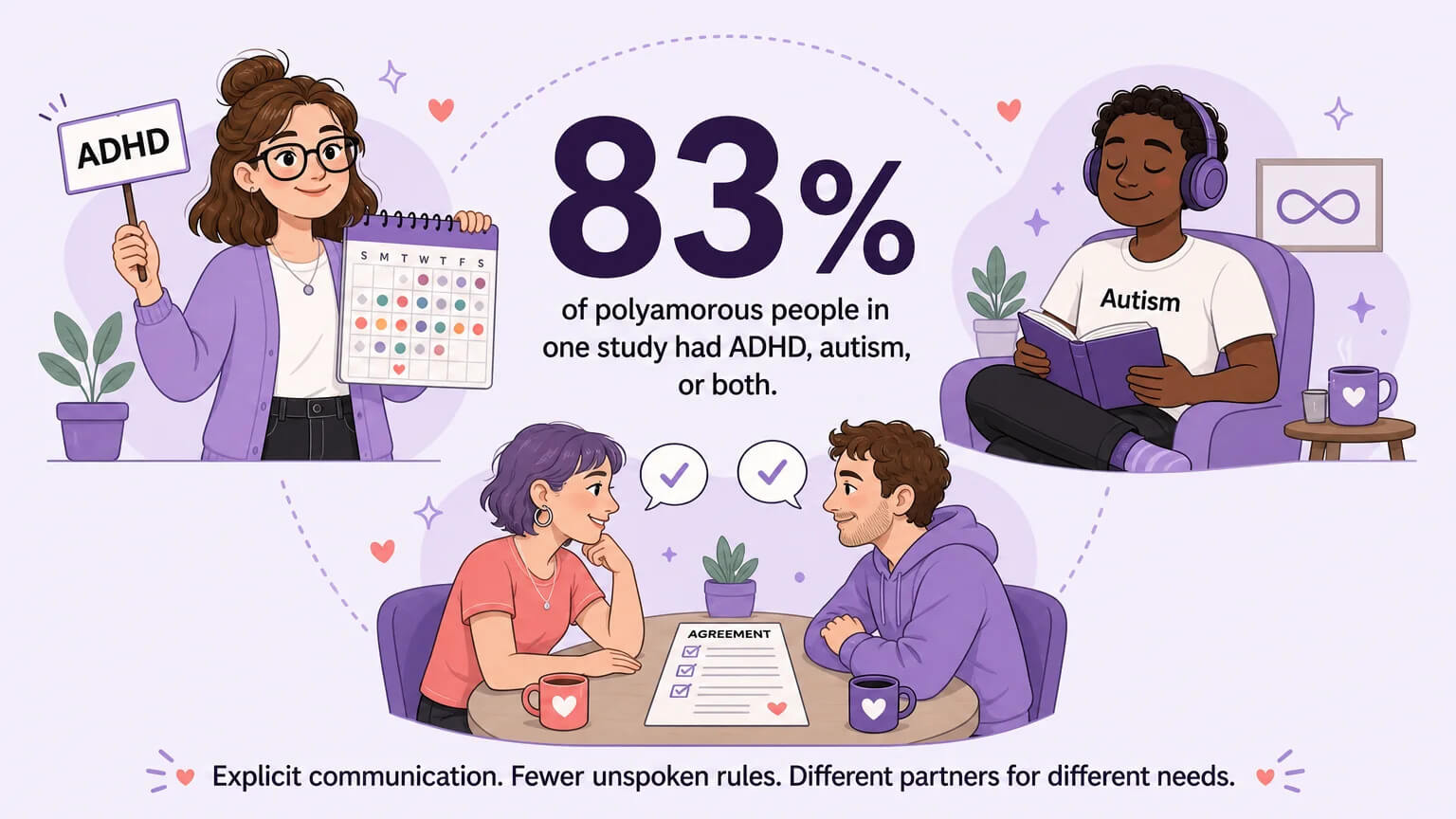 A data illustration centered on a large 83% number, surrounded by three small scenes: a character with an ADHD sign organizing a calendar, a character with autism peacefully reading, and two people with a clear written agreement between them