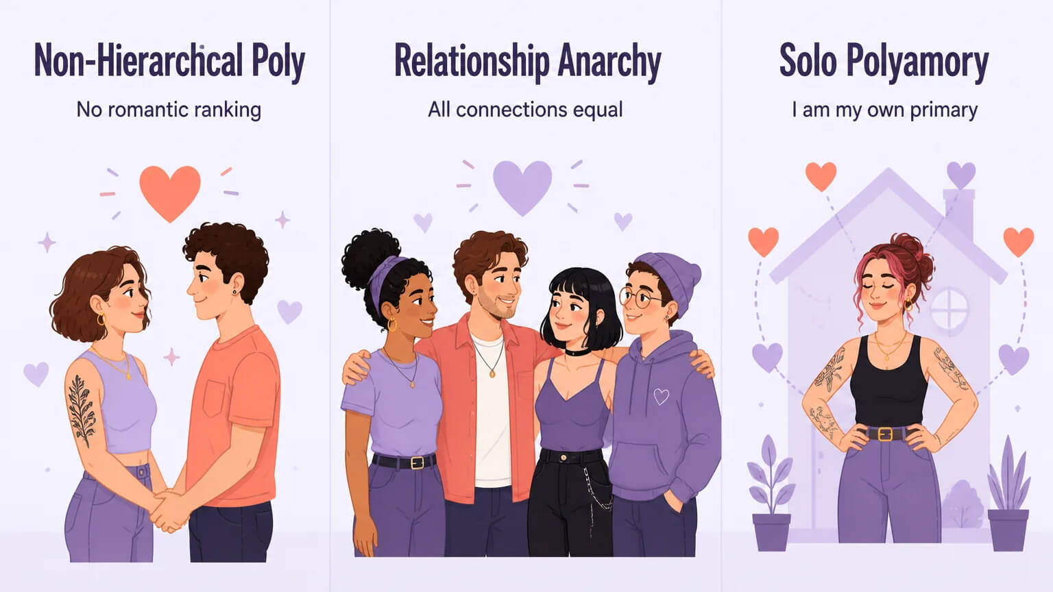 Non-hierarchical polyamory vs relationship anarchy vs solo polyamory — three-panel comparison