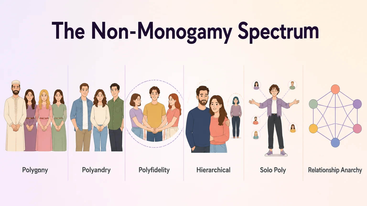 The non-monogamy spectrum showing 6 relationship types from Polygyny and Polyandry through Polyfidelity, Hierarchical, Solo Poly to Relationship Anarchy