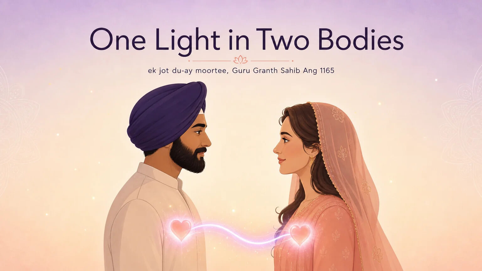 Two characters facing each other with a single glowing light connecting their hearts, titled One Light in Two Bodies