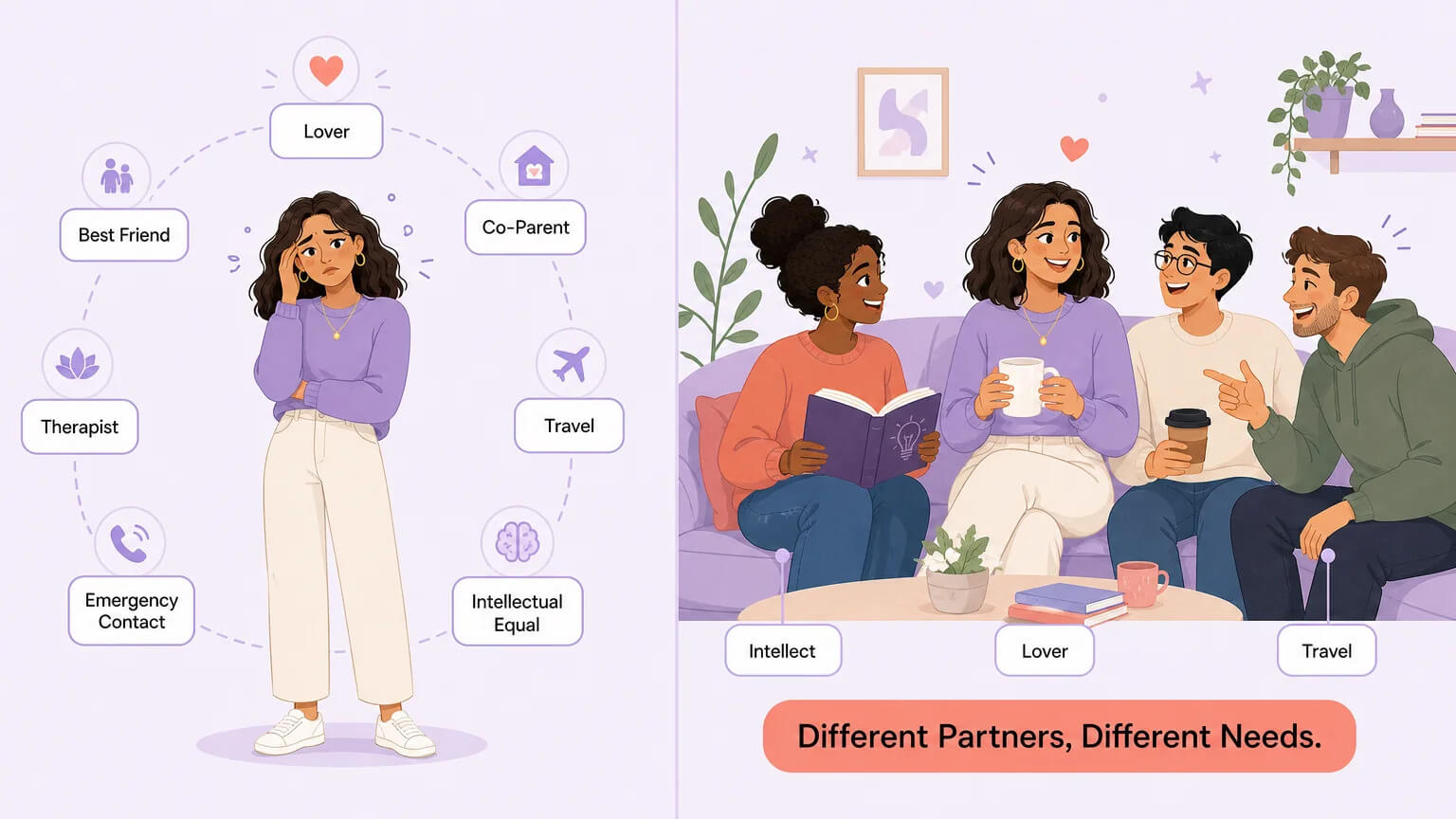 A split-screen illustration: left side shows one person overwhelmed by many labels (Lover, Best Friend, Co-Parent, Therapist), right side shows the same person happy with three different partners each meeting a different need