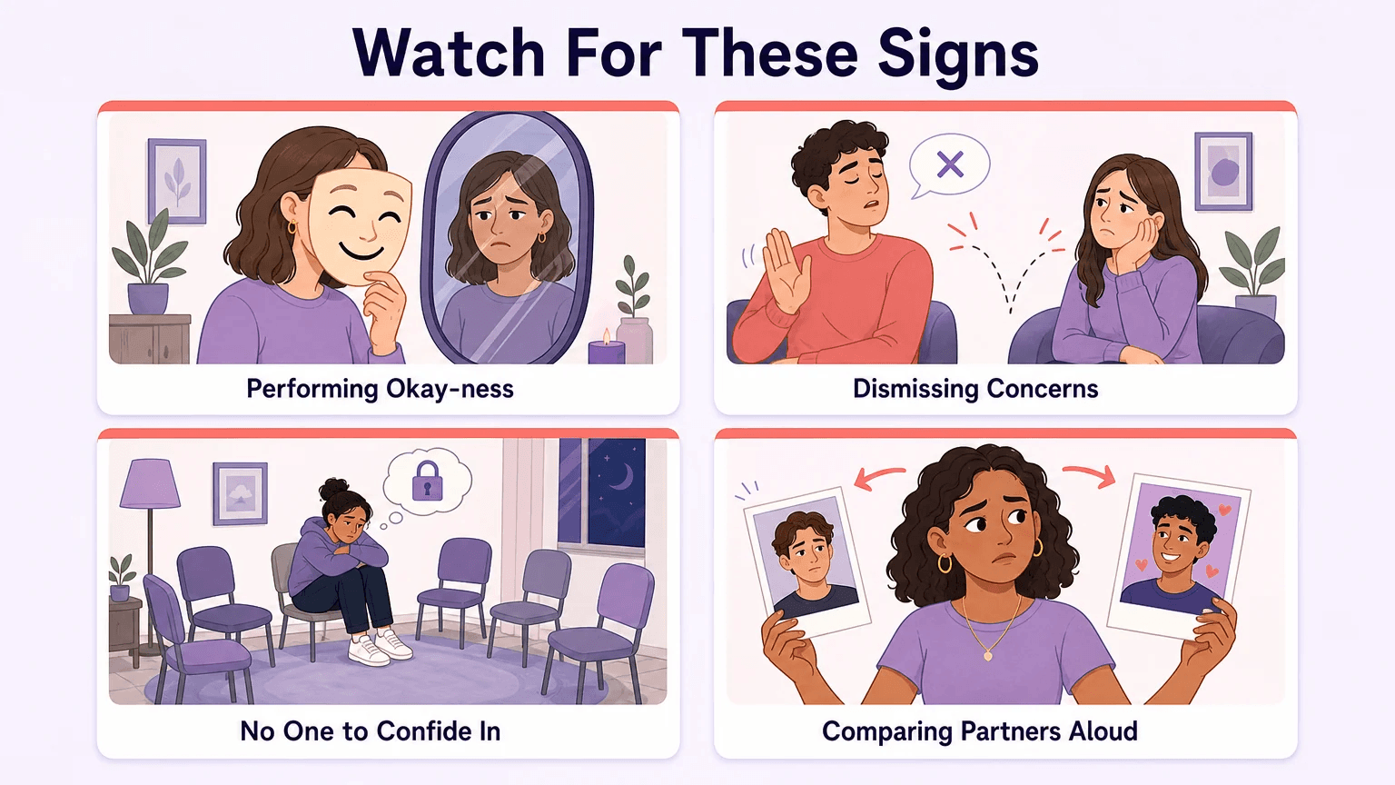 Four red-flag warning cards in a 2x2 grid: Performing Okay-ness, Dismissing Concerns, No One to Confide In, and Comparing Partners Aloud — with cautionary title "Watch For These Signs.