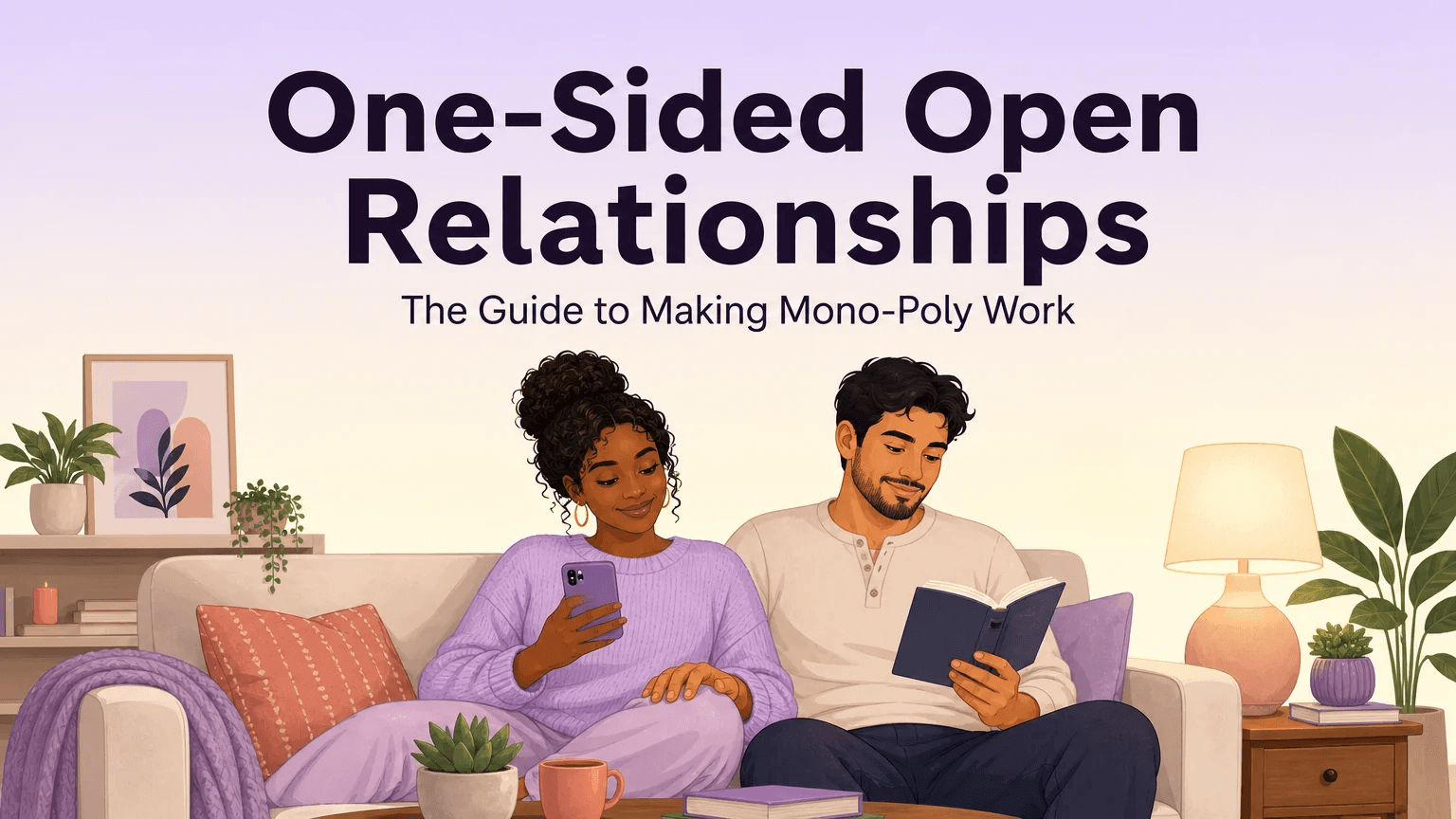 A couple sitting together on a modern couch in a warm domestic evening scene. One partner scrolls a dating app while the other reads a book — calm, connected, and at ease in their one-sided open relationship