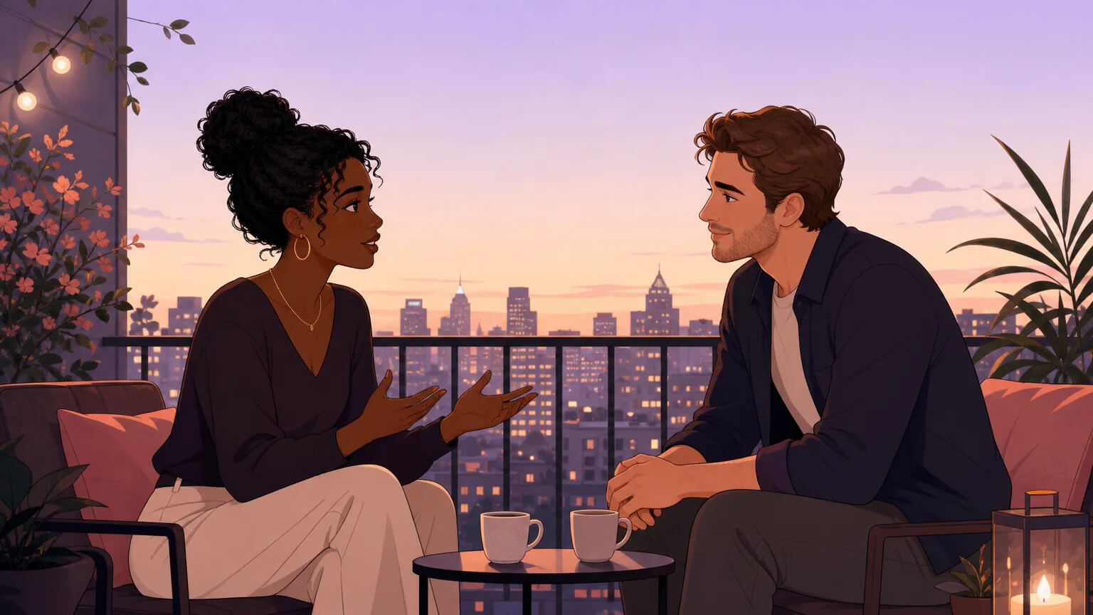 A couple sitting on a balcony at dusk, facing each other in deep conversation over coffee, city skyline softening behind them