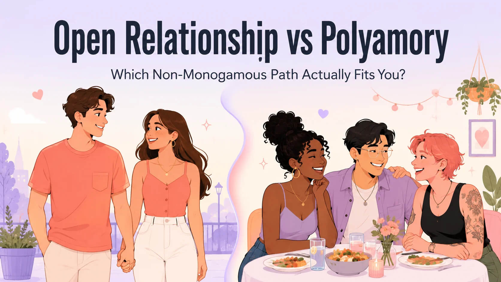 Open Relationship vs Polyamory cover illustration — split scene showing a primary couple on the left and three polyamorous partners sharing a meal on the right
