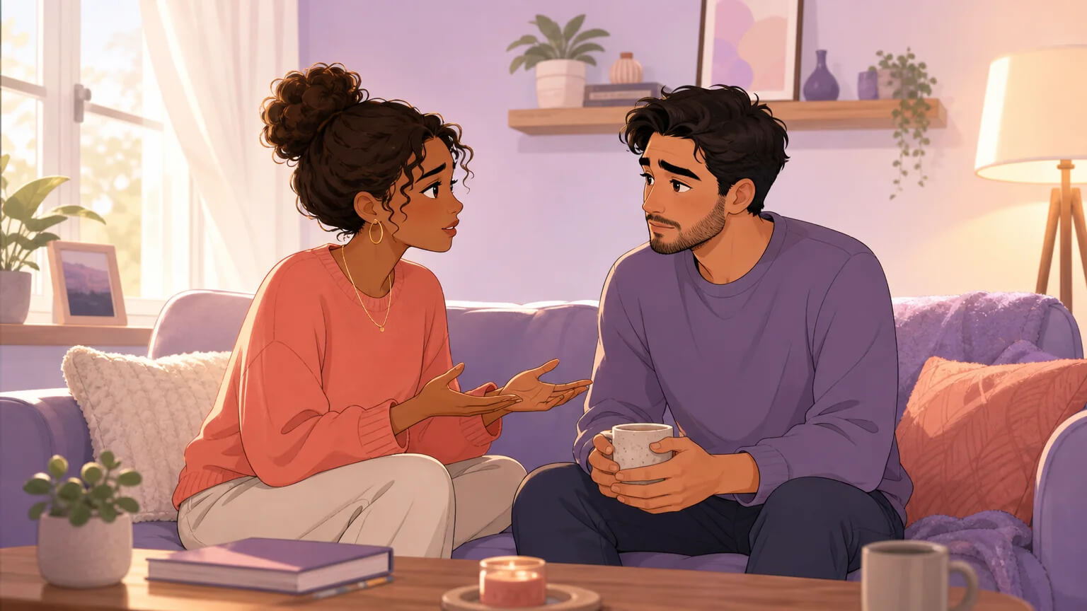 A couple on a cozy couch with coffee, having the tender but difficult opening conversation in warm morning light