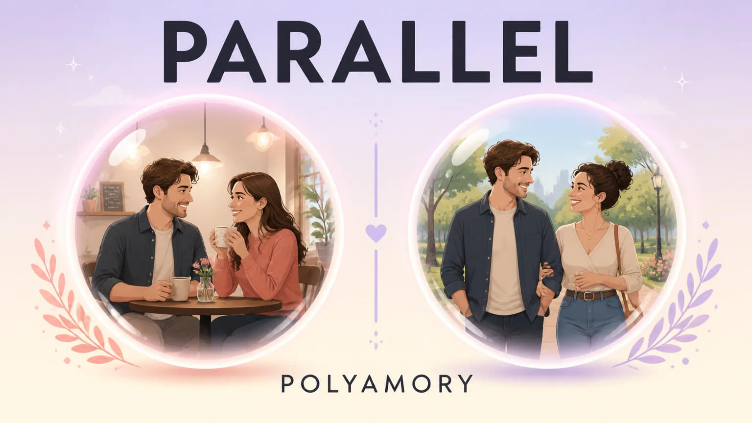 Parallel polyamory cover illustration showing two separate relationship bubbles side by side with PARALLEL POLYAMORY title text