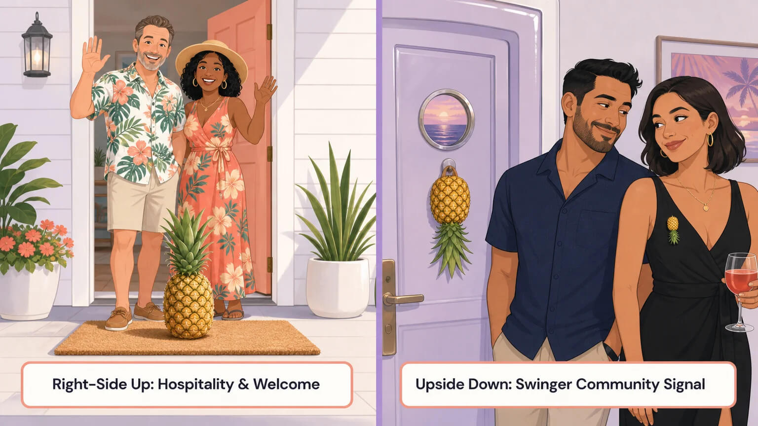 Right-side-up vs upside-down pineapple — two-panel comparison showing a pineapple as a symbol of hospitality and welcome on the left, versus the upside-down pineapple as a swinger community signal on the right