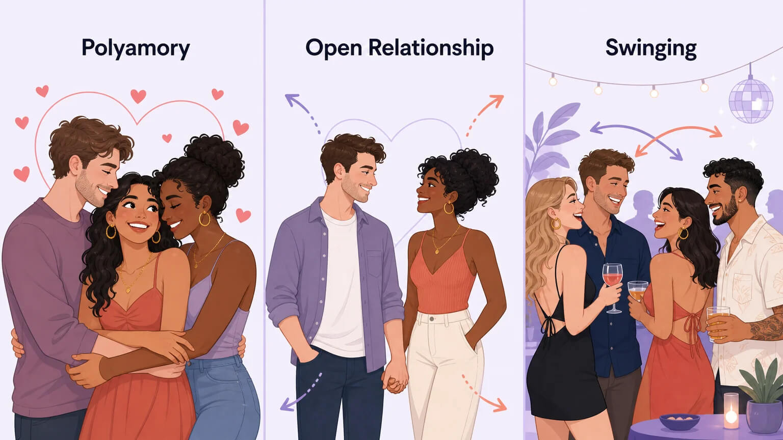 Three-panel comparison: Polyamory with hearts connecting three people, Open Relationship with a couple and outward arrows, Swinging with two couples at a social setting