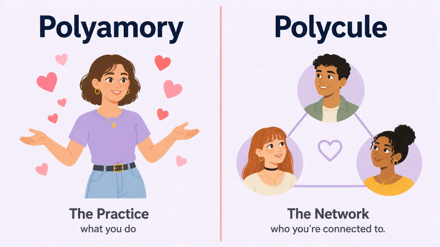 Side-by-side comparison: Polyamory is the practice (one person open to multiple connections), Polycule is the network (people connected in a constellation)