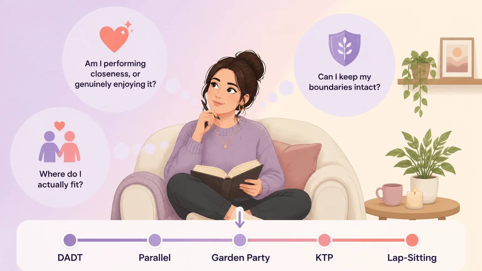 A person sitting thoughtfully with self-assessment thought bubbles, mapping their place on the metamour intimacy spectrum