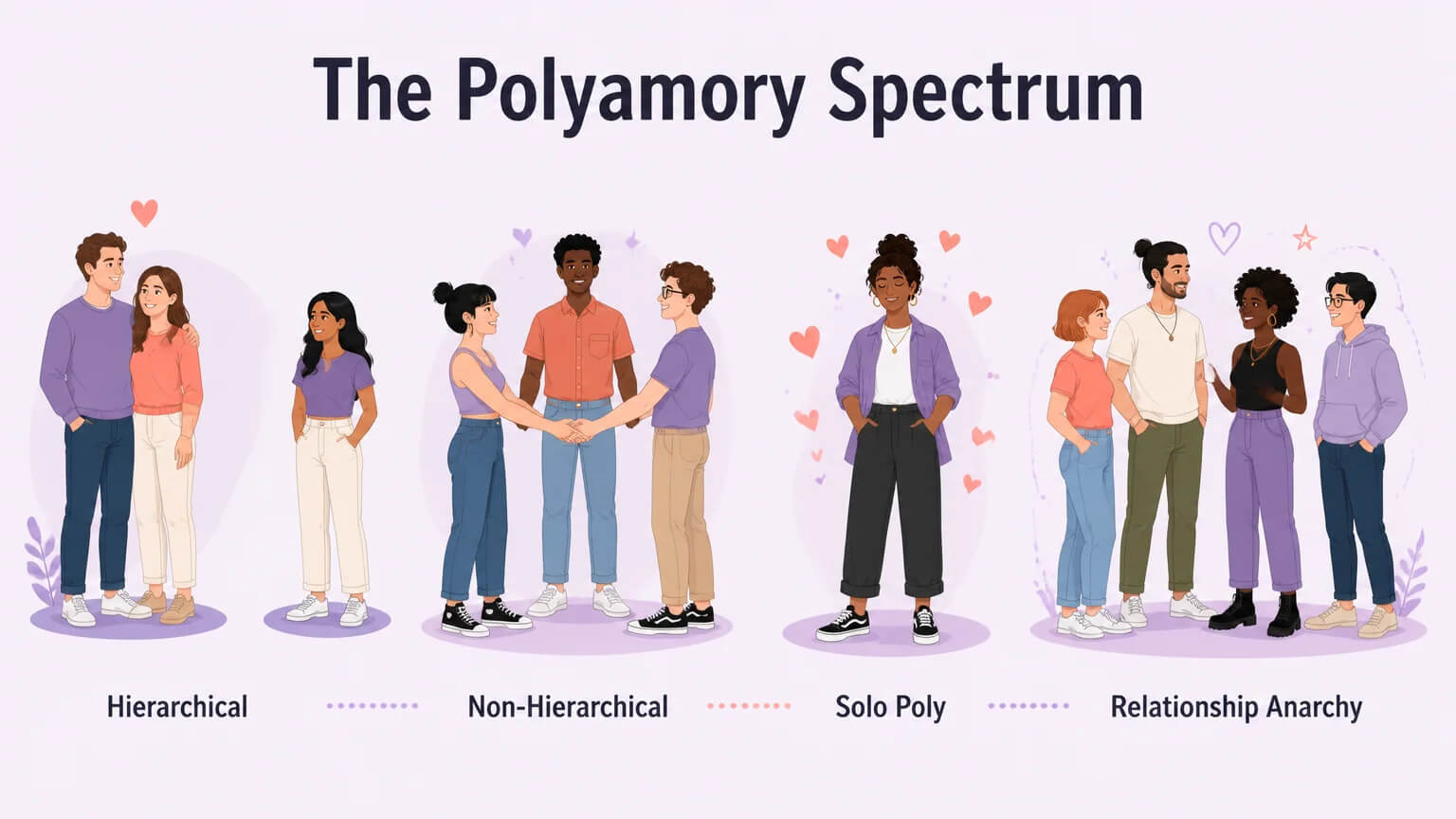 Spectrum of relationship structures from hierarchical polyamory to non-hierarchical, solo poly, and relationship anarchy