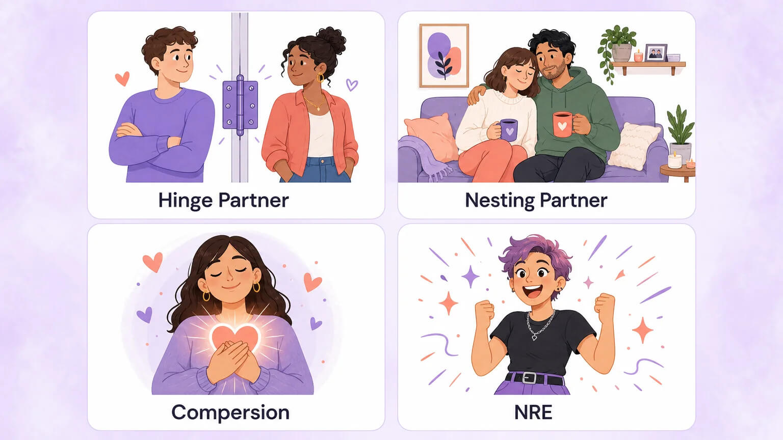 Four polyamory vocabulary terms illustrated in a grid — Hinge Partner, Nesting Partner, Compersion, and NRE