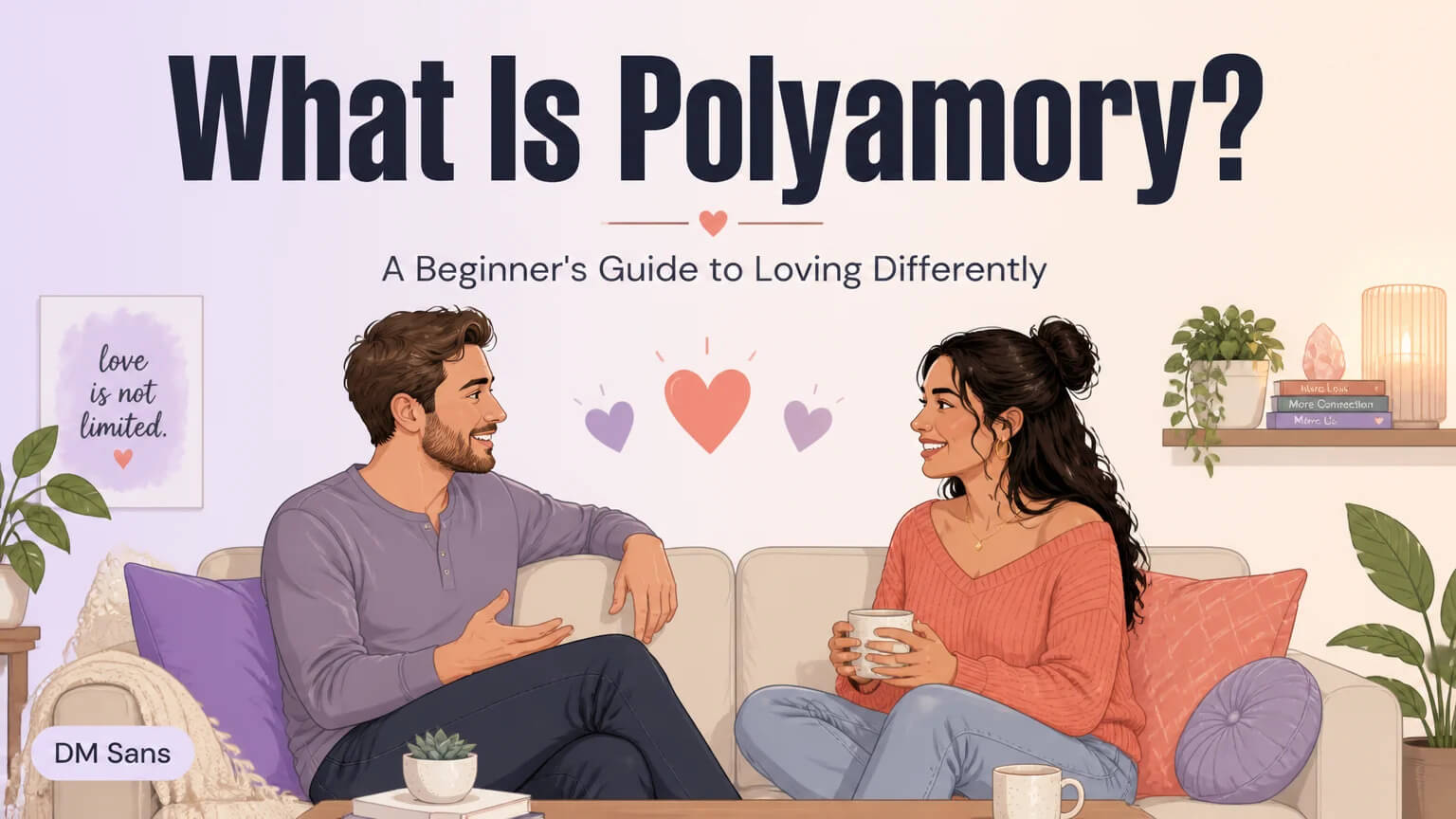 Polyamory vs Polygamy cover illustration: two contrasting worlds, many marriages vs many loves, same prefix different worlds