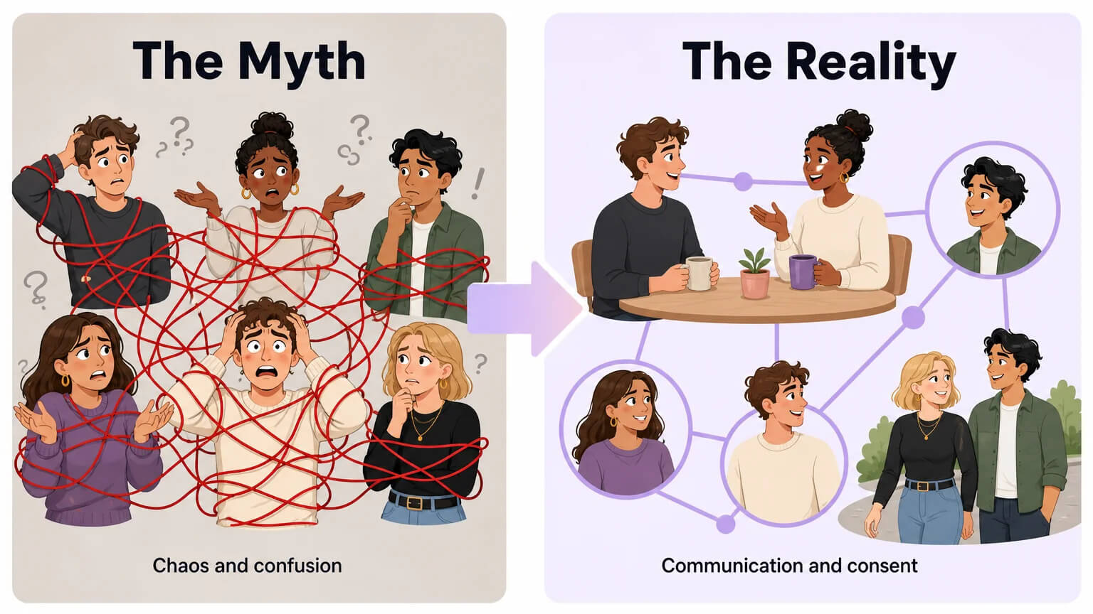 Side-by-side comparison of "The Myth" (chaotic tangled relationships) versus "The Reality" (calm, intentional network of connections with communication at the center)