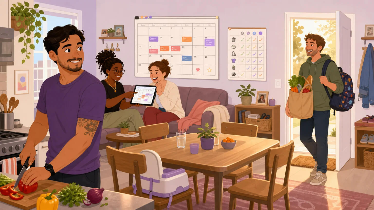 An ordinary Tuesday evening in a polycule household: four people cooking, coordinating on a tablet, walking in with groceries, a shared calendar and chore chart on the wall — warm domestic life, not drama