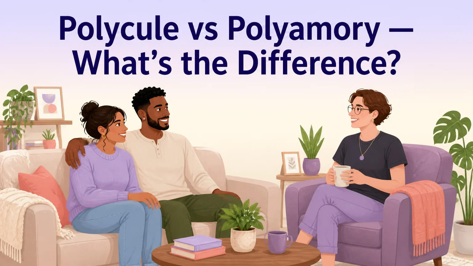 Polycule vs Polyamory cover illustration — three people in a warm living room, relaxed and connected
