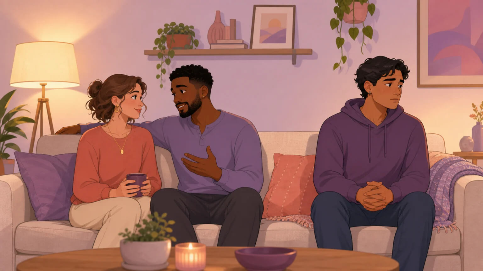 Three people on a couch — two sitting close while the third sits apart, capturing the emotional weight of couple privilege and jealousy in polyfidelity