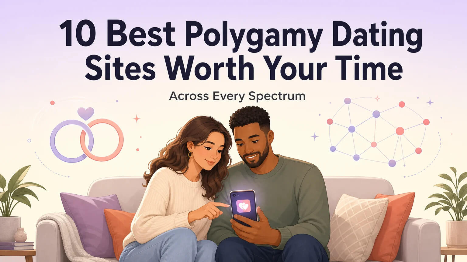 Cover image for polygamy dating sites article showing a diverse couple exploring dating apps together on a couch, with symbols representing the spectrum from traditional polygamy to modern ENM