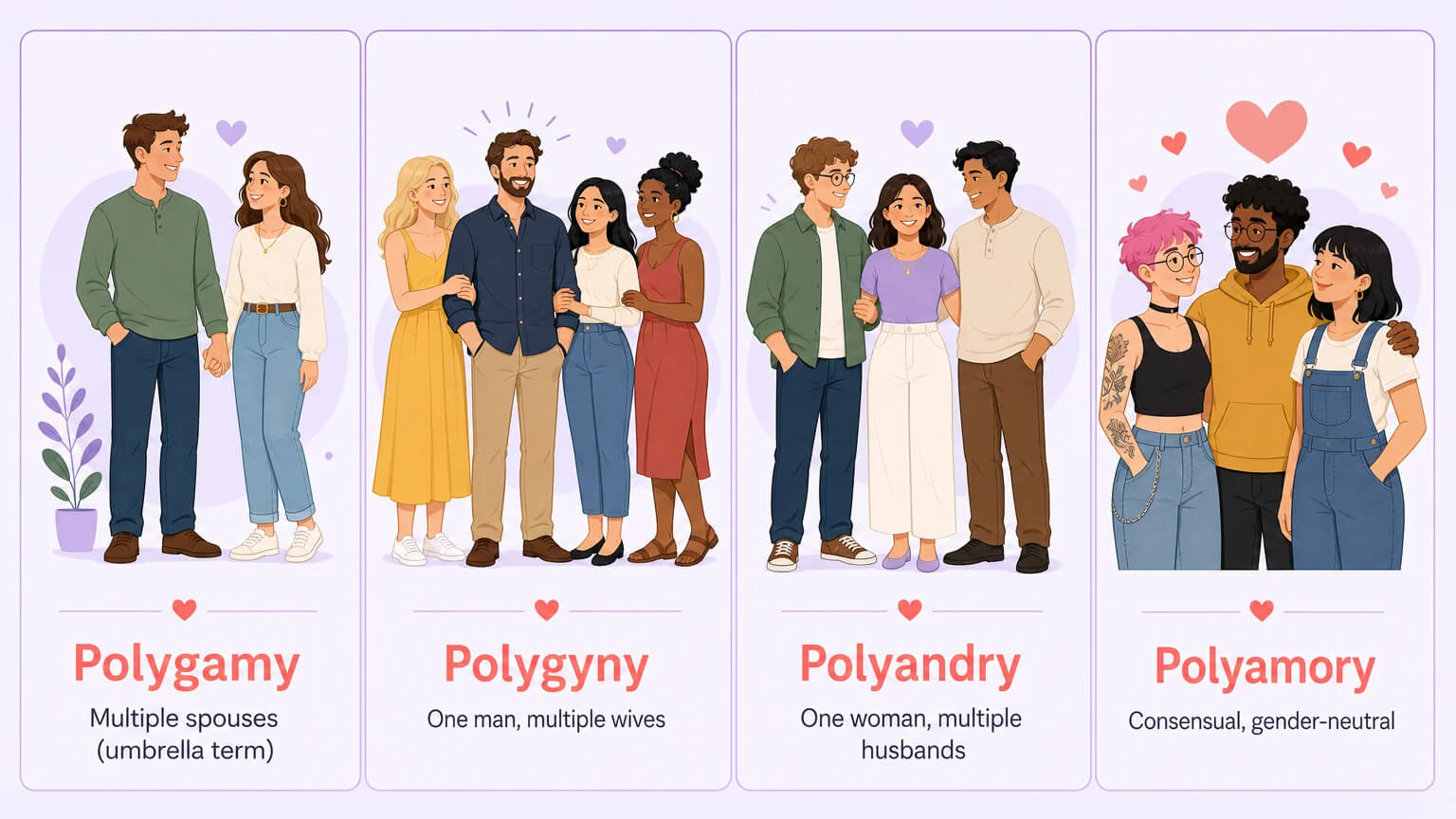 Four-panel comparison grid: Polygamy, Polygyny, Polyandry, and Polyamory illustrated with cartoon characters