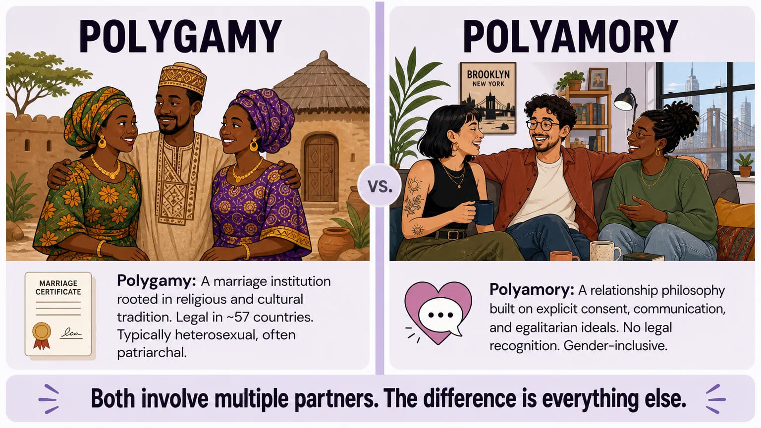 Side-by-side comparison of a polygamous household in rural Mali and a polyamorous triad in Brooklyn
