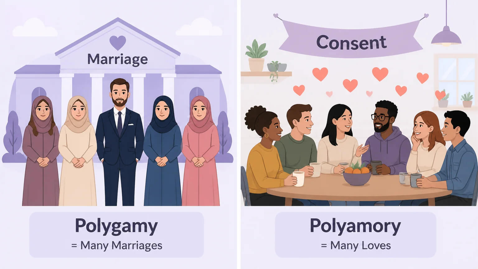 Side-by-side comparison: Polygamy equals many marriages vs Polyamory equals many loves, with illustrated scenes for each concept