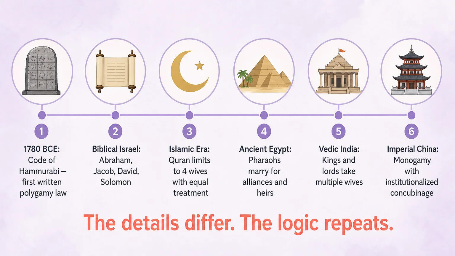 Timeline tracing polygyny through six civilizations from Hammurabi to Imperial China