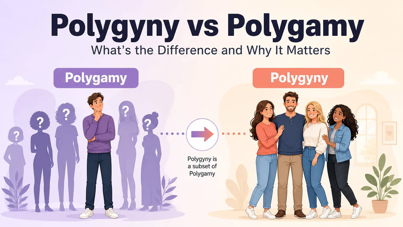 Polygyny vs Polygamy cover illustration showing polygamy as umbrella concept with polygyny as specific subtype