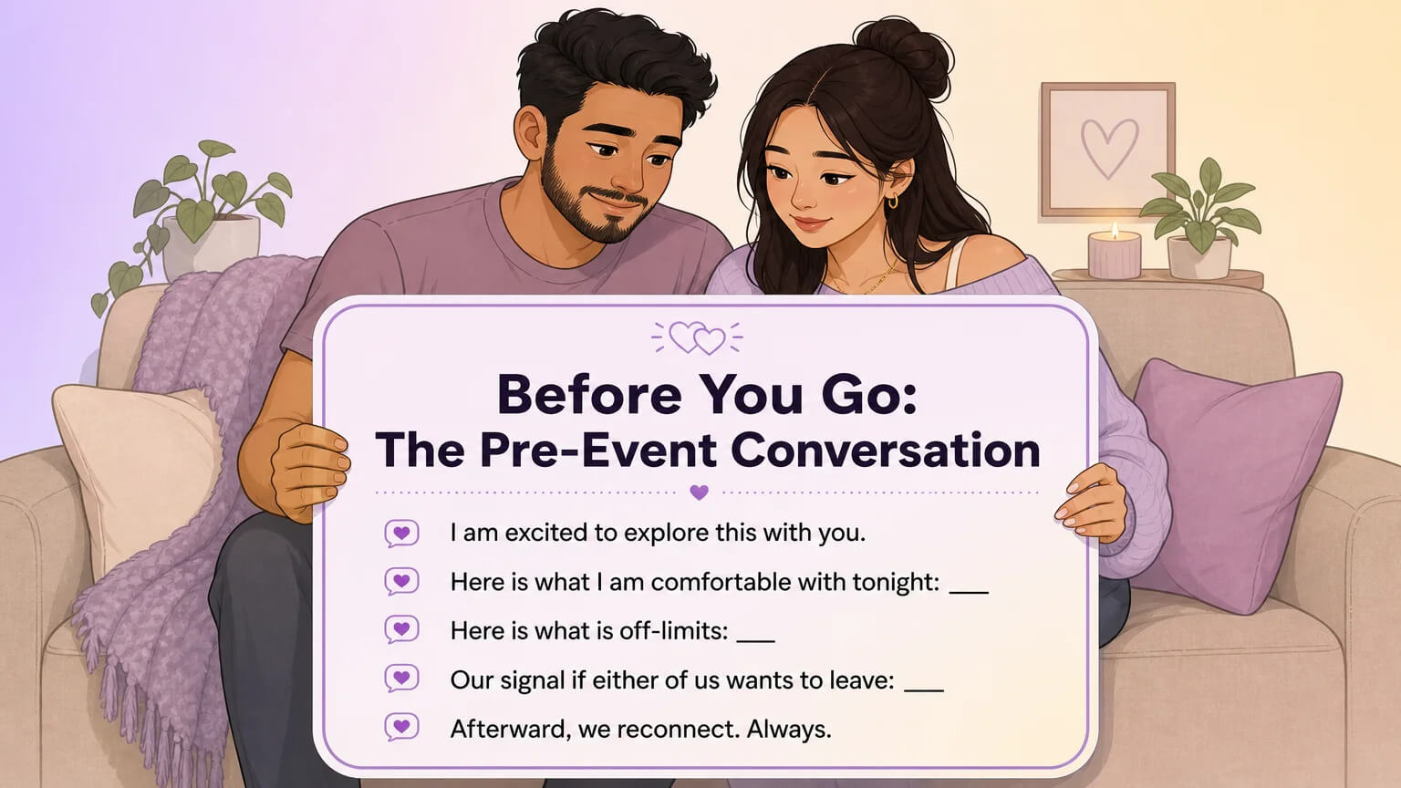 A conversation script card for couples — the pre-event checklist with prompts for boundaries, comfort levels, and reconnection, designed as a saveable phone screenshot