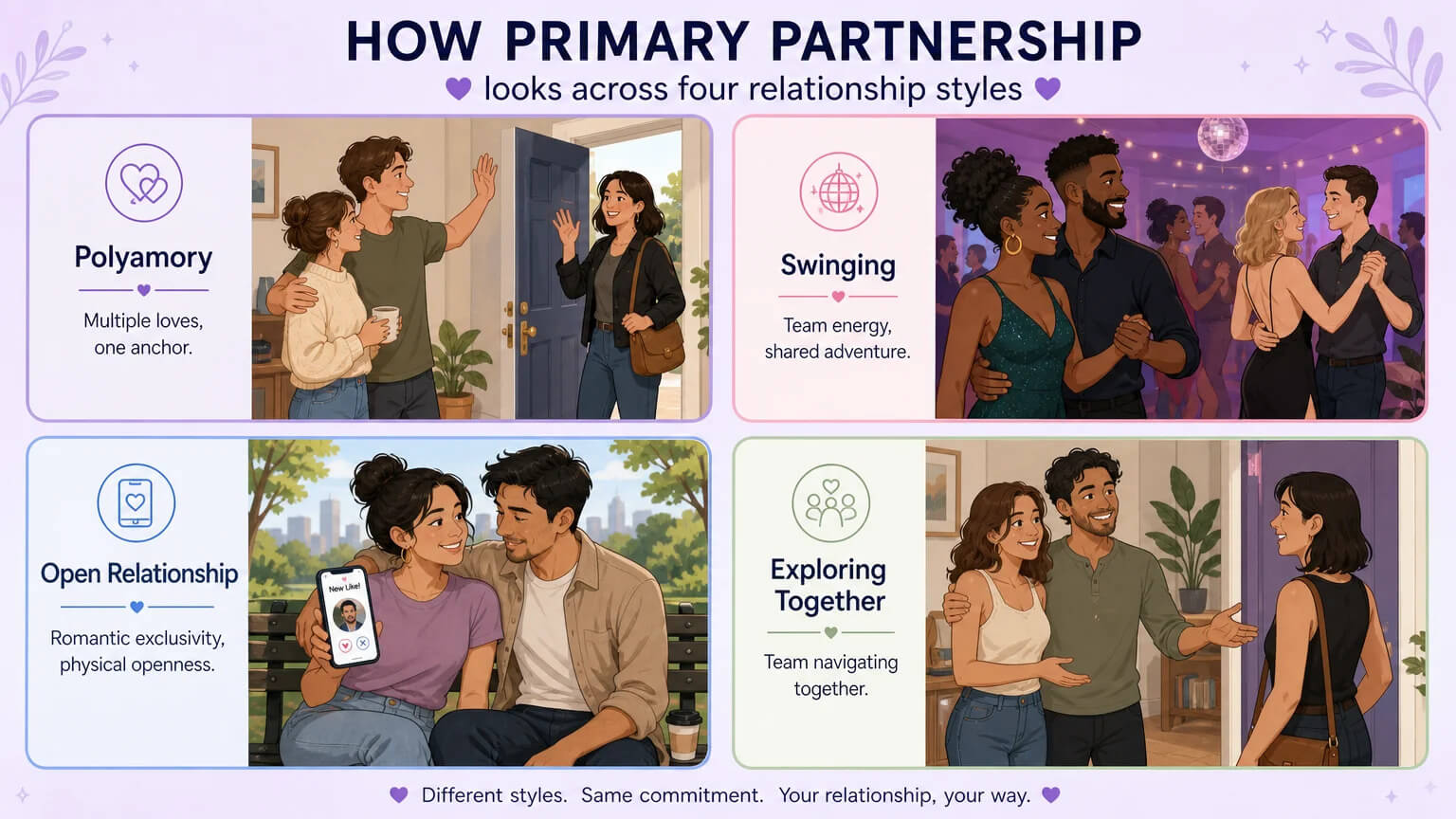 A 2x2 grid showing how primary partnership works in four relationship styles: Polyamory, Swinging, Open Relationship, and Exploring Together — each panel with a small illustrated scene and label