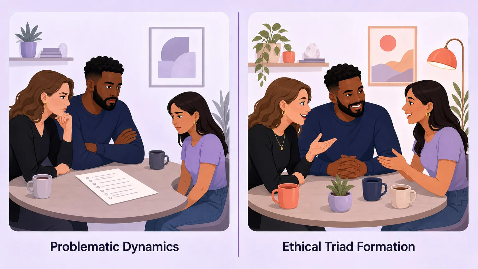 Side-by-side comparison: problematic couple dynamics with a pre-written list versus ethical triad formation with open conversation