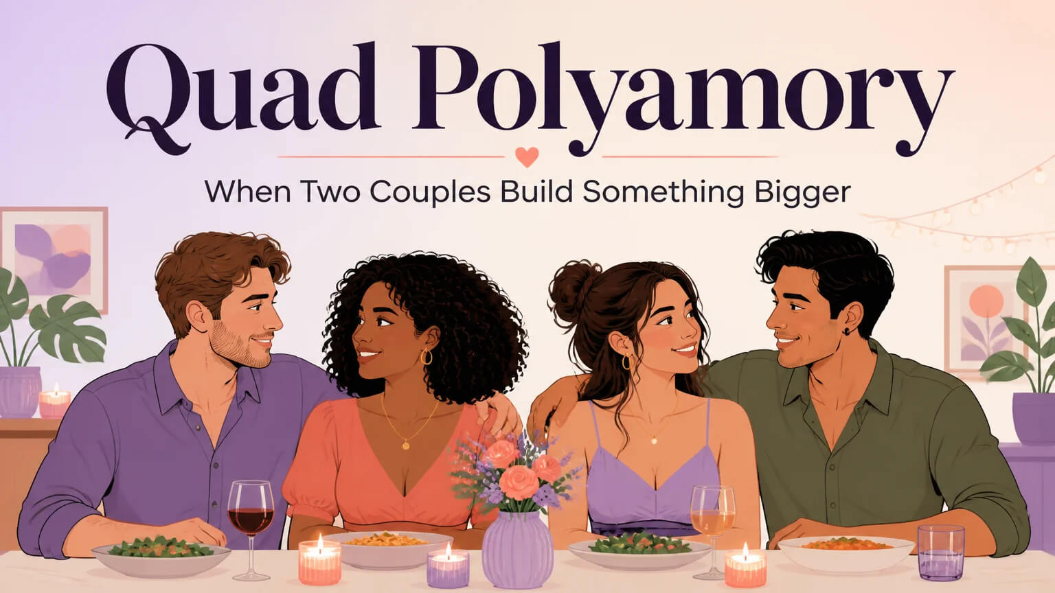Quad polyamory cover — four people around a dinner table, connected and building a life together