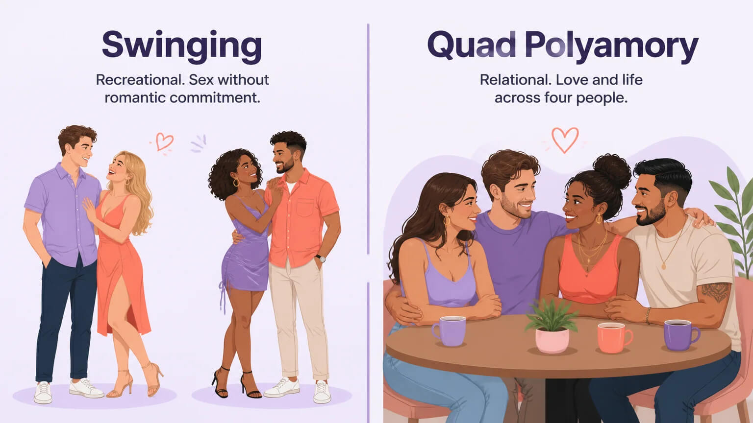 Swinging vs quad polyamory comparison — recreational sex vs romantic commitment across four people