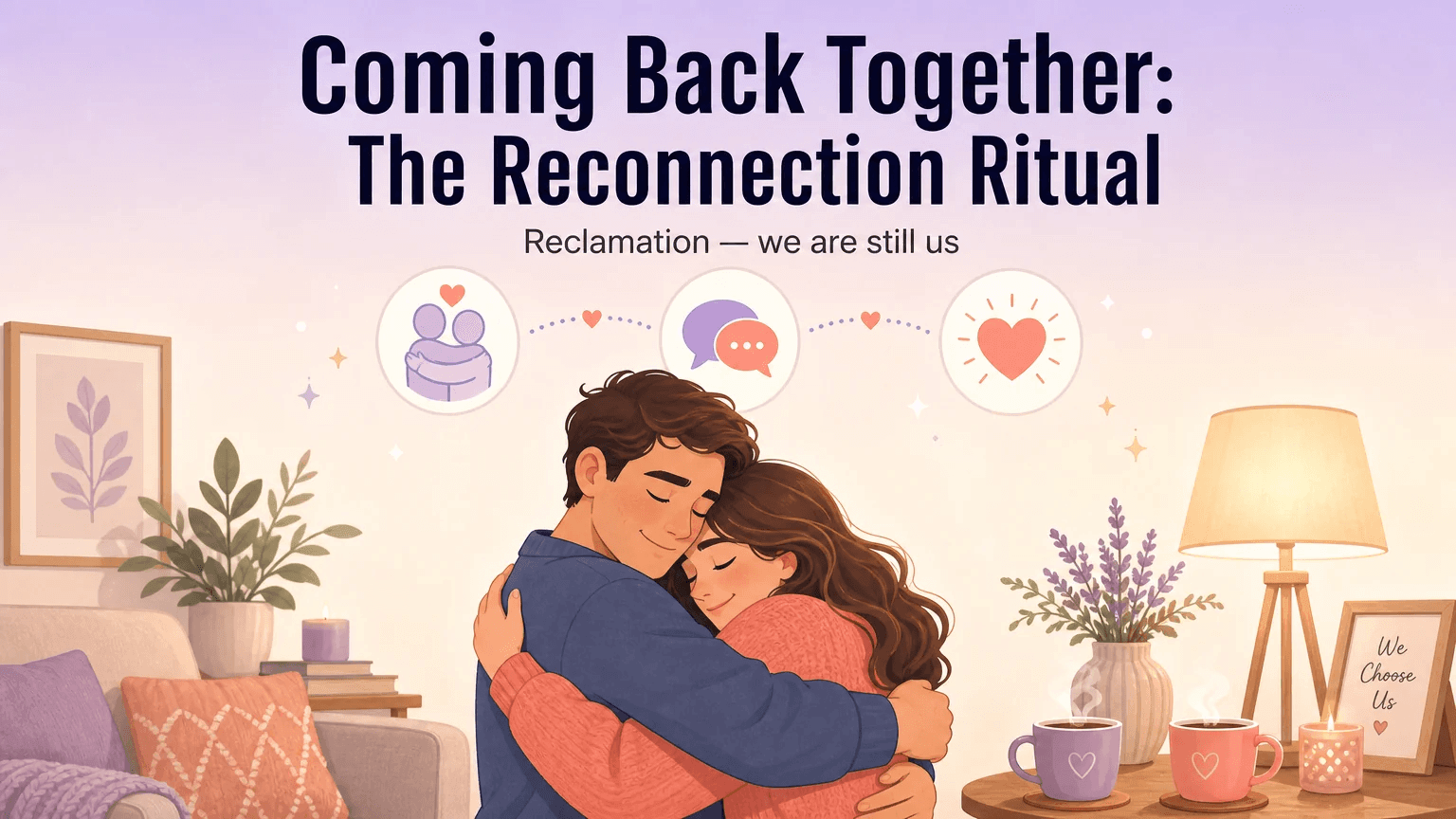 A couple embracing in a warm hug in a cozy home — the reconnection ritual after time apart