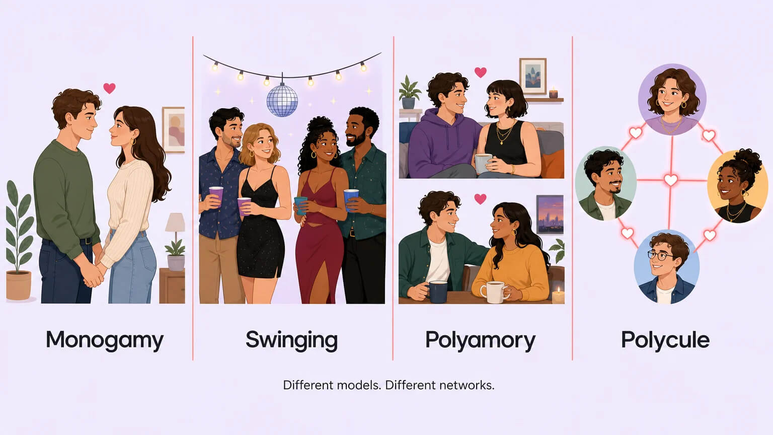 Spectrum comparing four relationship models: Monogamy, Swinging, Polyamory, and Polycule — each with a small illustrated scene showing how connections differ