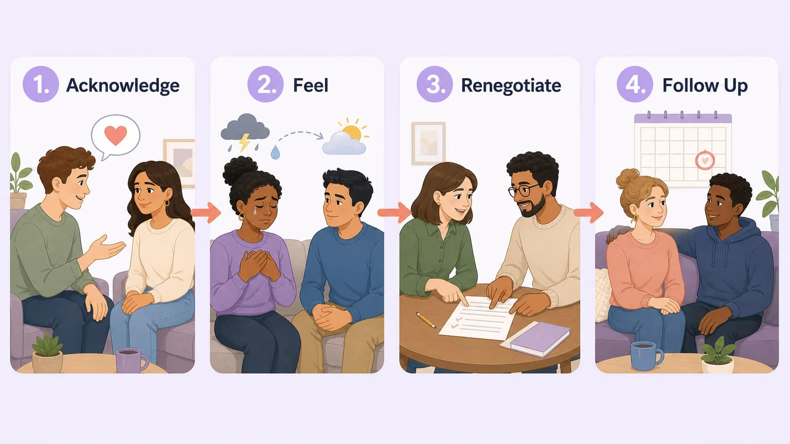 Four-step repair sequence: acknowledge, feel, renegotiate, follow up