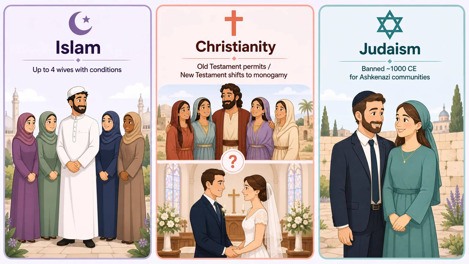 Comparison of religious views on polygyny across Islam, Christianity, and Judaism