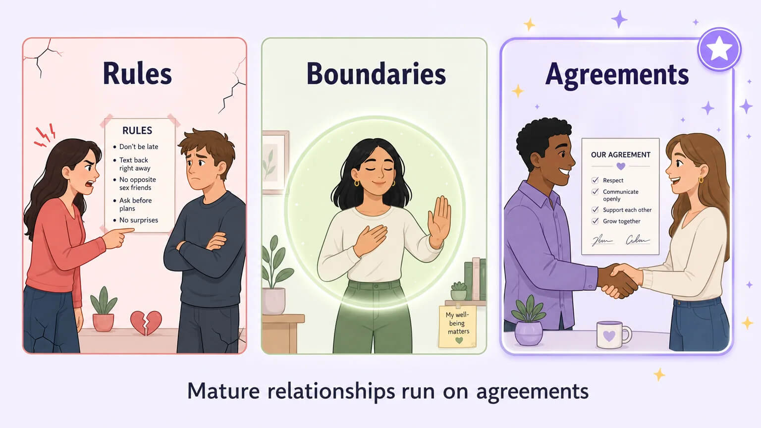 Three-panel comparison: rules control others, boundaries protect the self, agreements are co-created and revisable