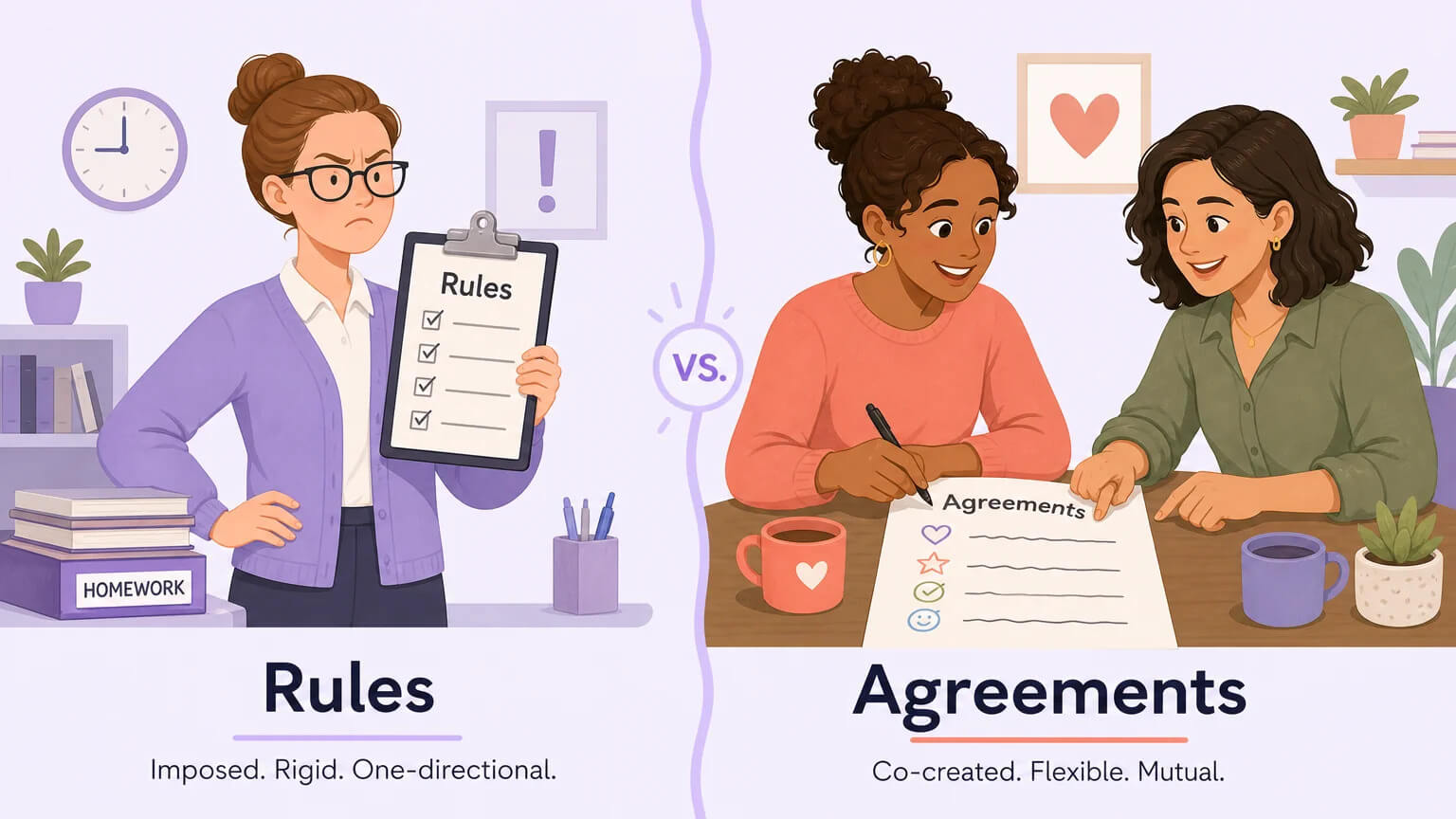 Rules vs Agreements comparison: Rules are imposed and rigid — Agreements are co-created, flexible, and mutual