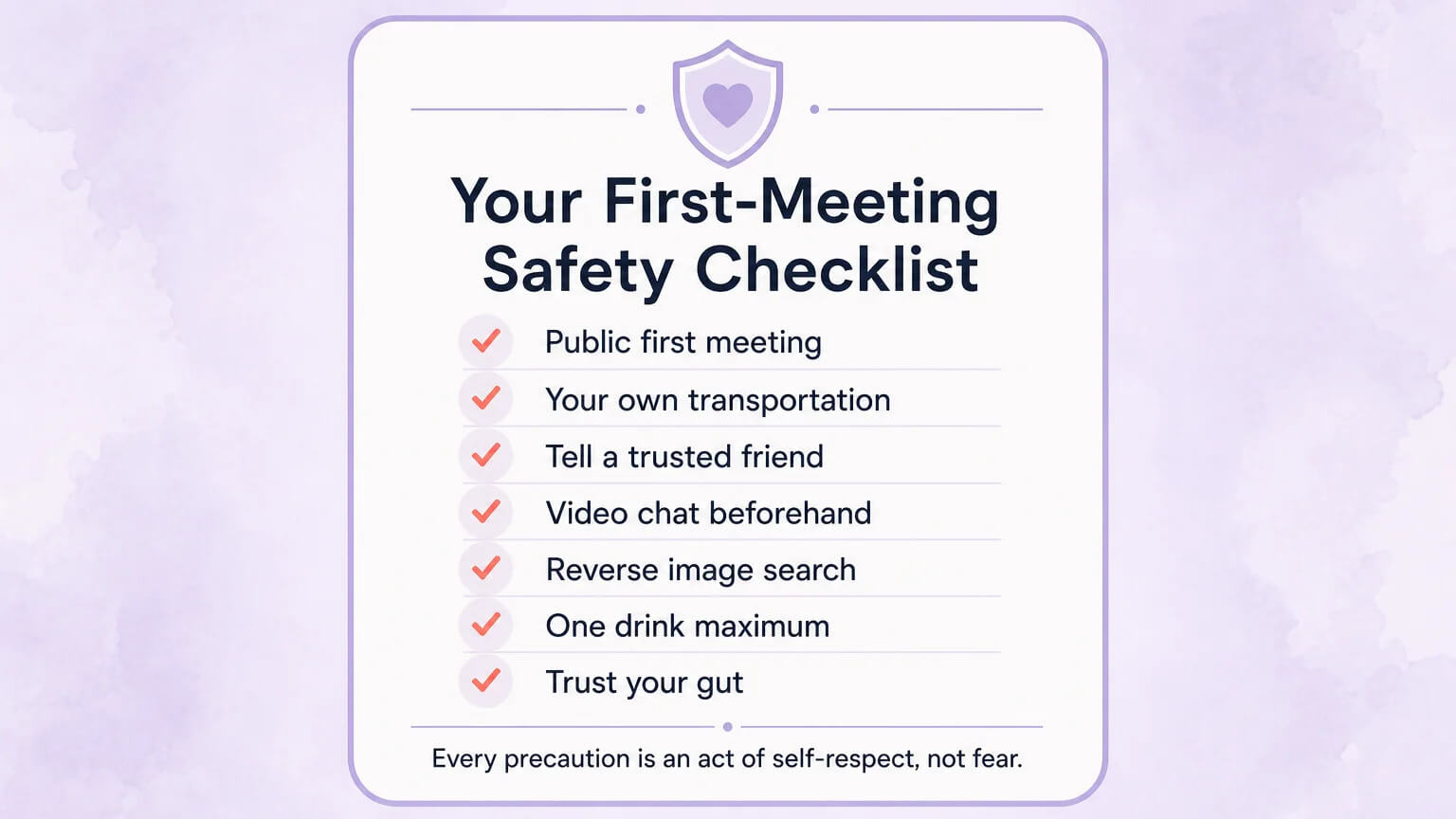 Safety checklist card: Public first meeting, your own transportation, tell a friend, video chat, reverse image search, one drink max, trust your gut