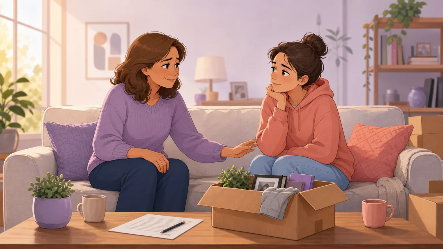 Scenario image: two people on opposite ends of a sofa with a lease document and half-packed box between them — tender and bittersweet, not angry