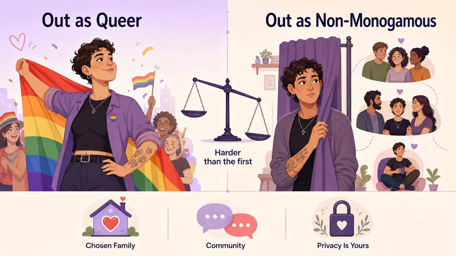 Split-screen: coming out as queer versus coming out as non-monogamous, the second is often harder