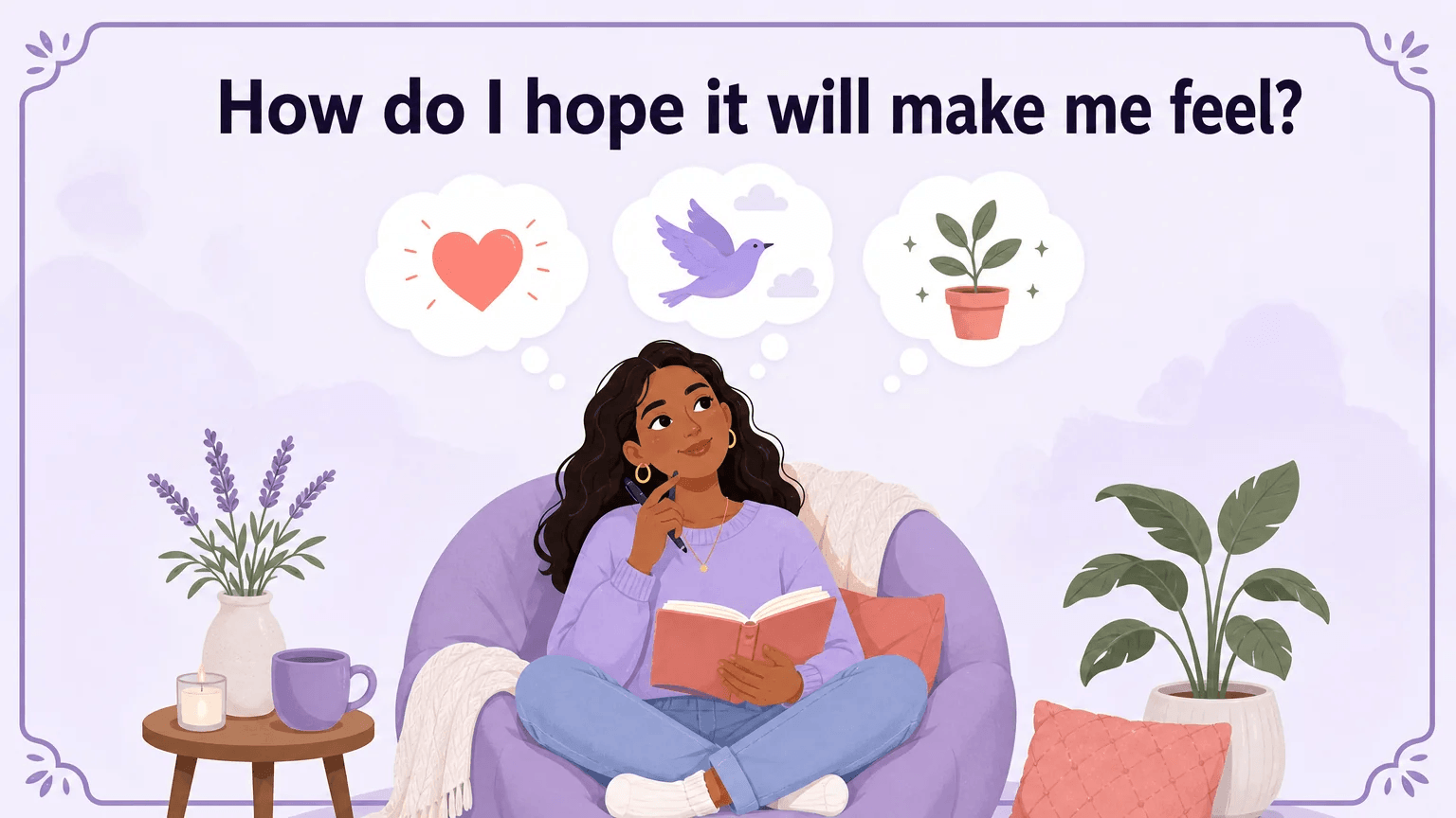 A woman journaling with thought bubbles showing heart, bird, and plant icons — self-reflection on why you want an open relationship