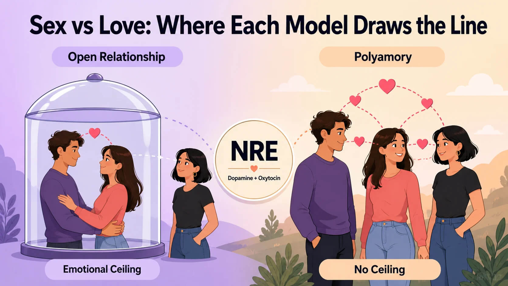 Sex vs Love comparison — Open Relationship with emotional ceiling on left, Polyamory with no ceiling on right, NRE badge in center