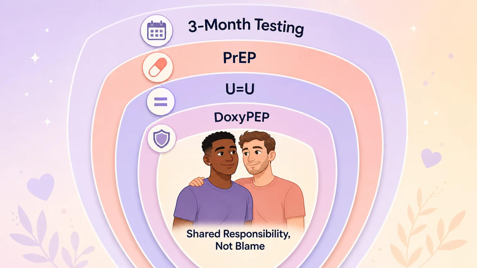 Concentric protection layers: 3-month testing, PrEP, U=U, DoxyPEP, with shared responsibility at the center